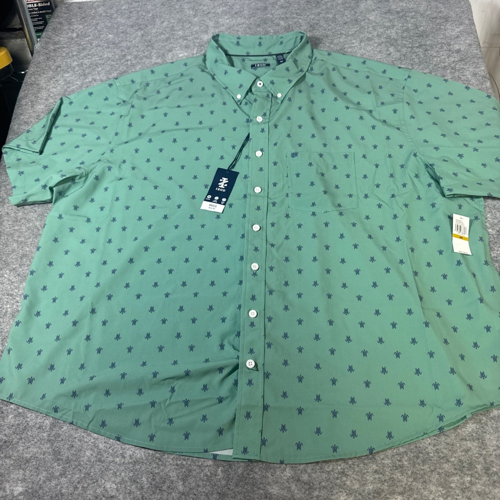 IZOD Breeze Mens 4XB Beryl Green Sea Turtle Print Short Sleeve Button Down Shirt